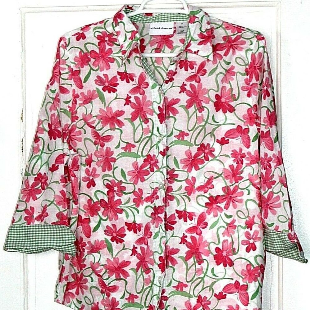 ALFRED DUNNER BLOUSE LADIES SIZE 14 pink green white floral check 3/4 sleeve